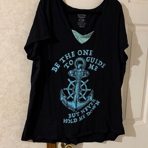 Beautiful Disaster 3X Black Tee with Blue Anchor Graphic. NWOT.